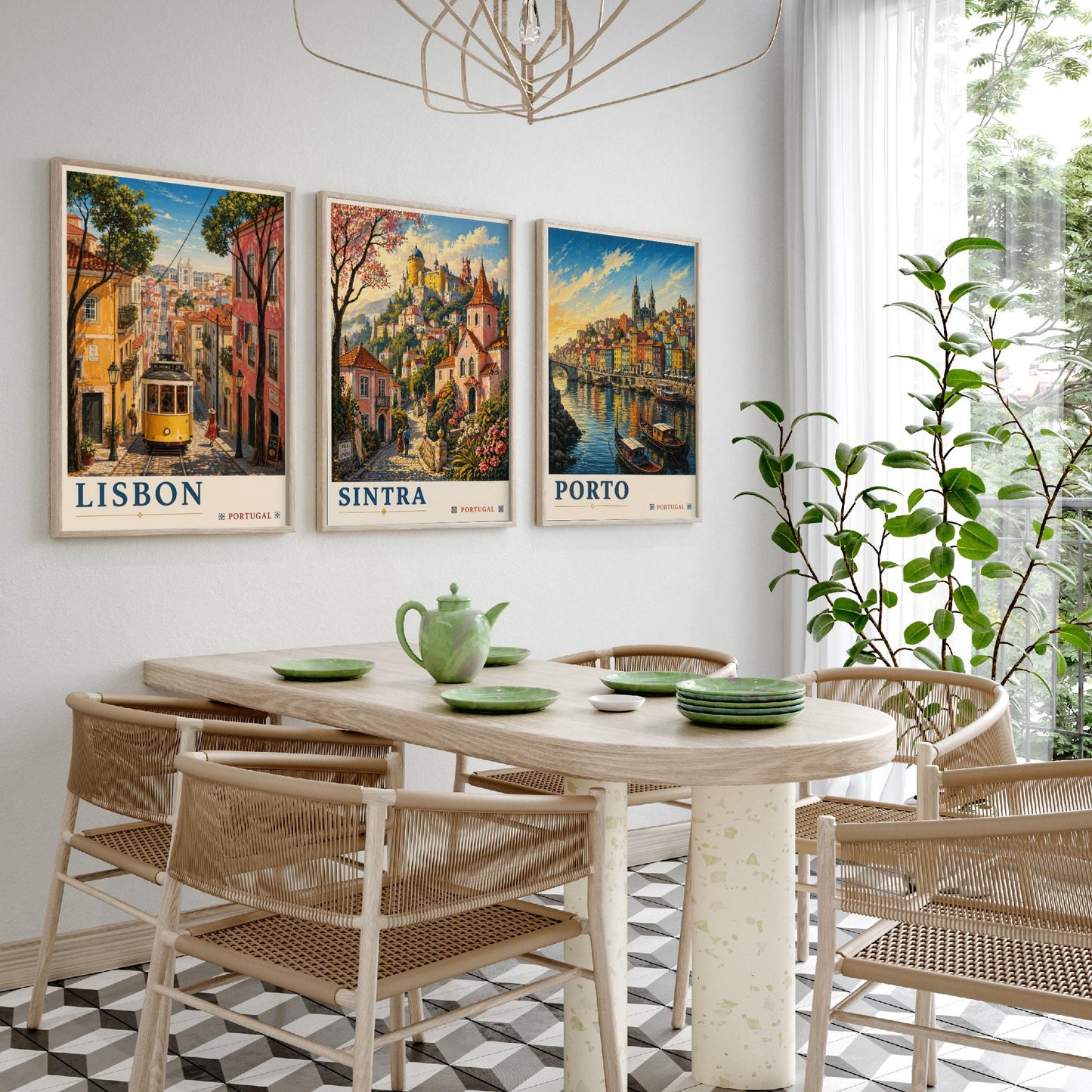 Portugal Set of Three Art Prints - 3 Lisbon Sintra Porto Posters - Golden Vintage Wall Art Painting Travel ludwig V2