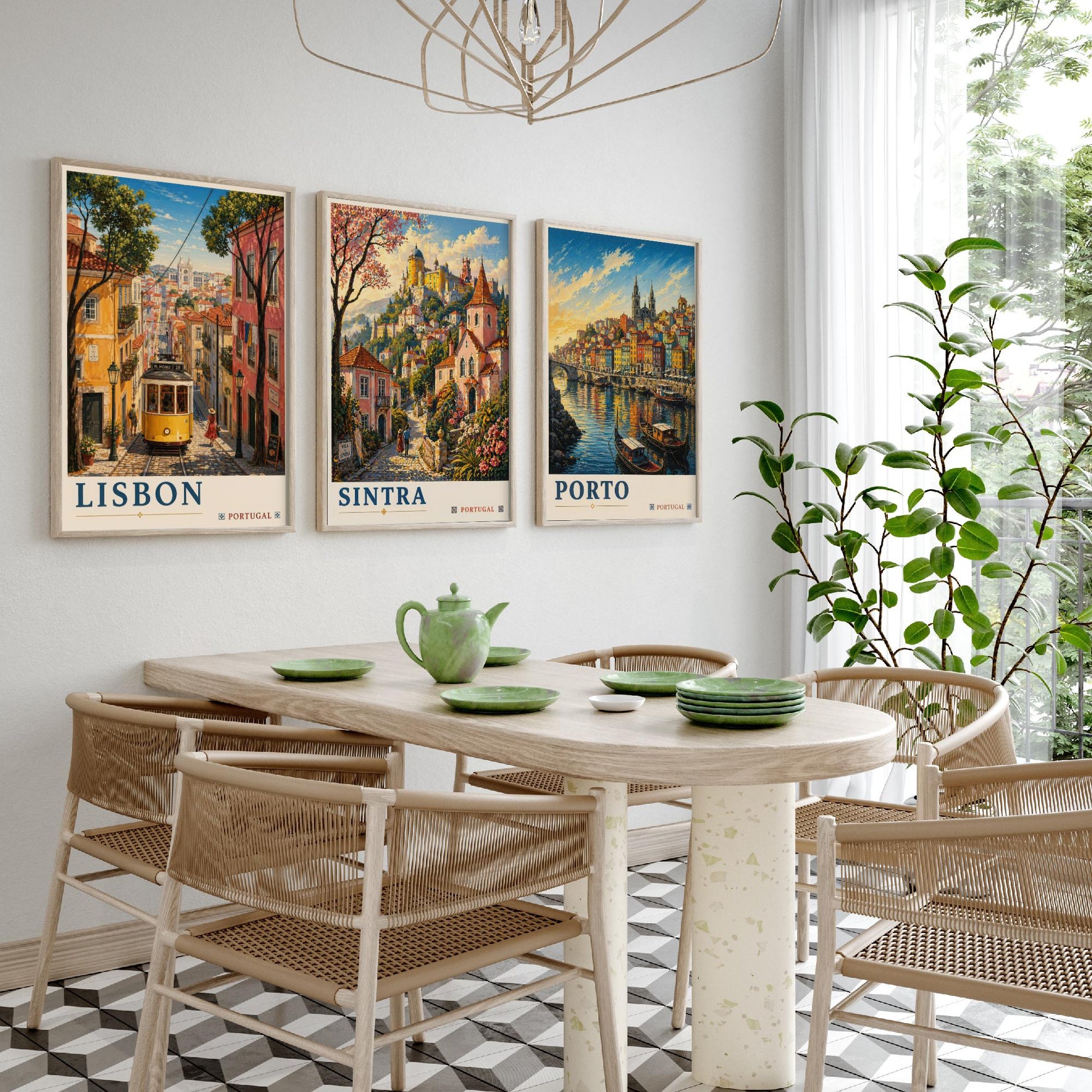Portugal Set of Three Art Prints - 3 Lisbon Sintra Porto Posters - Golden Vintage Wall Art Painting Travel ludwig V2