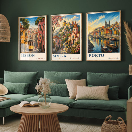 Portugal Set of Three Art Prints - 3 Lisbon Sintra Porto Posters - Golden Vintage Wall Art Painting Travel ludwig V2