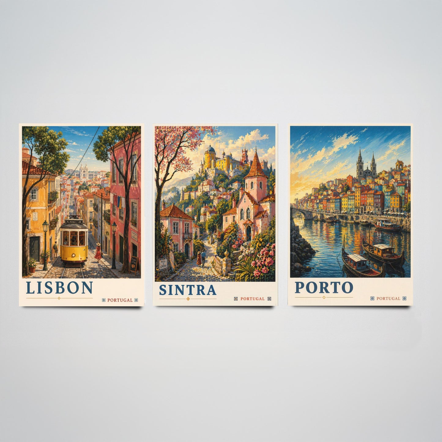 Portugal Set of Three Art Prints - 3 Lisbon Sintra Porto Posters - Golden Vintage Wall Art Painting Travel ludwig V2