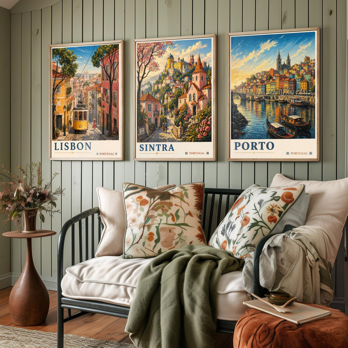 Portugal Set of Three Art Prints - 3 Lisbon Sintra Porto Posters - Golden Vintage Wall Art Painting Travel ludwig V2