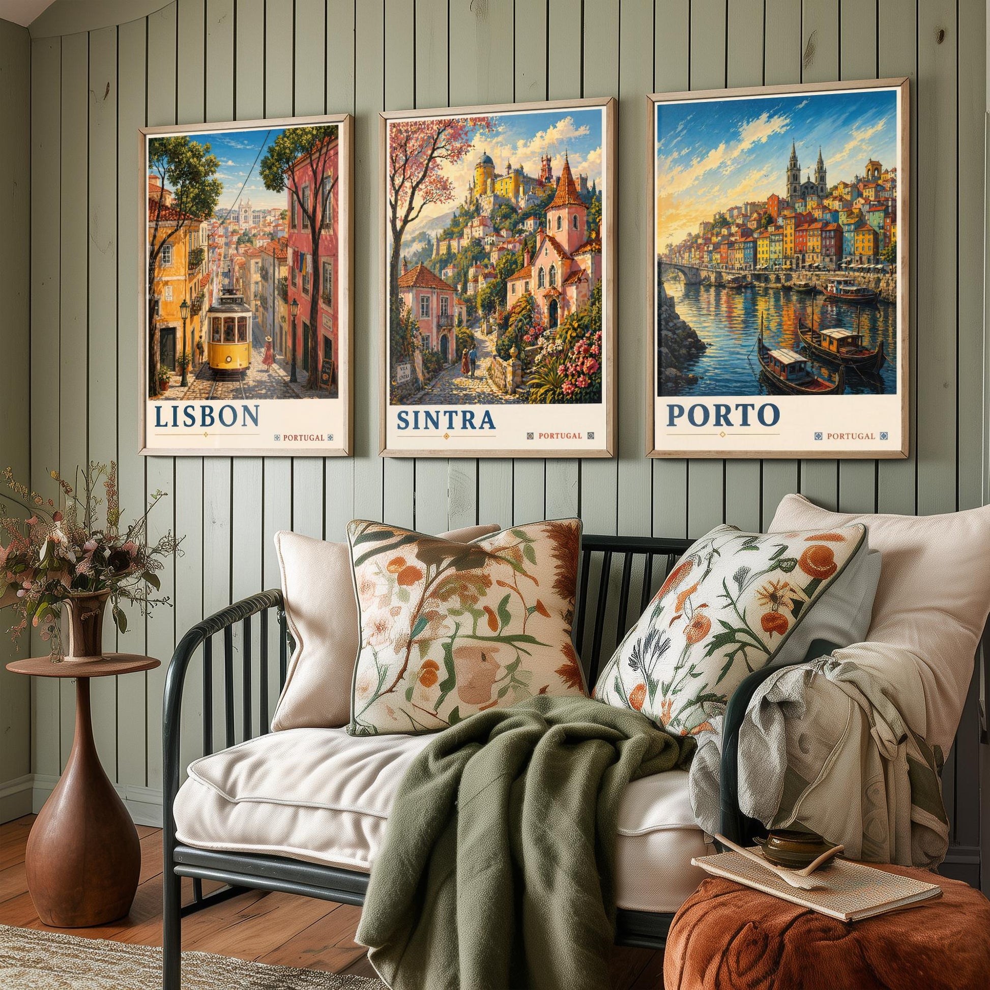 Portugal Set of Three Art Prints - 3 Lisbon Sintra Porto Posters - Golden Vintage Wall Art Painting Travel ludwig V2