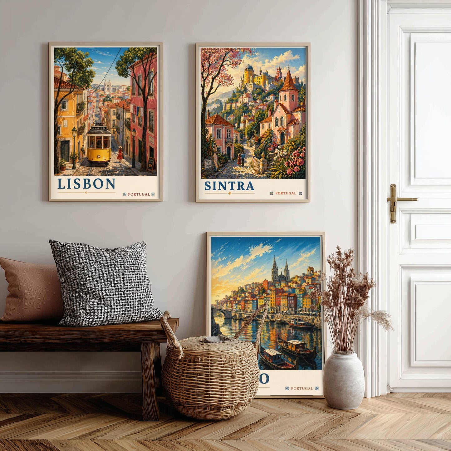 Portugal Set of Three Art Prints - 3 Lisbon Sintra Porto Posters - Golden Vintage Wall Art Painting Travel ludwig V2
