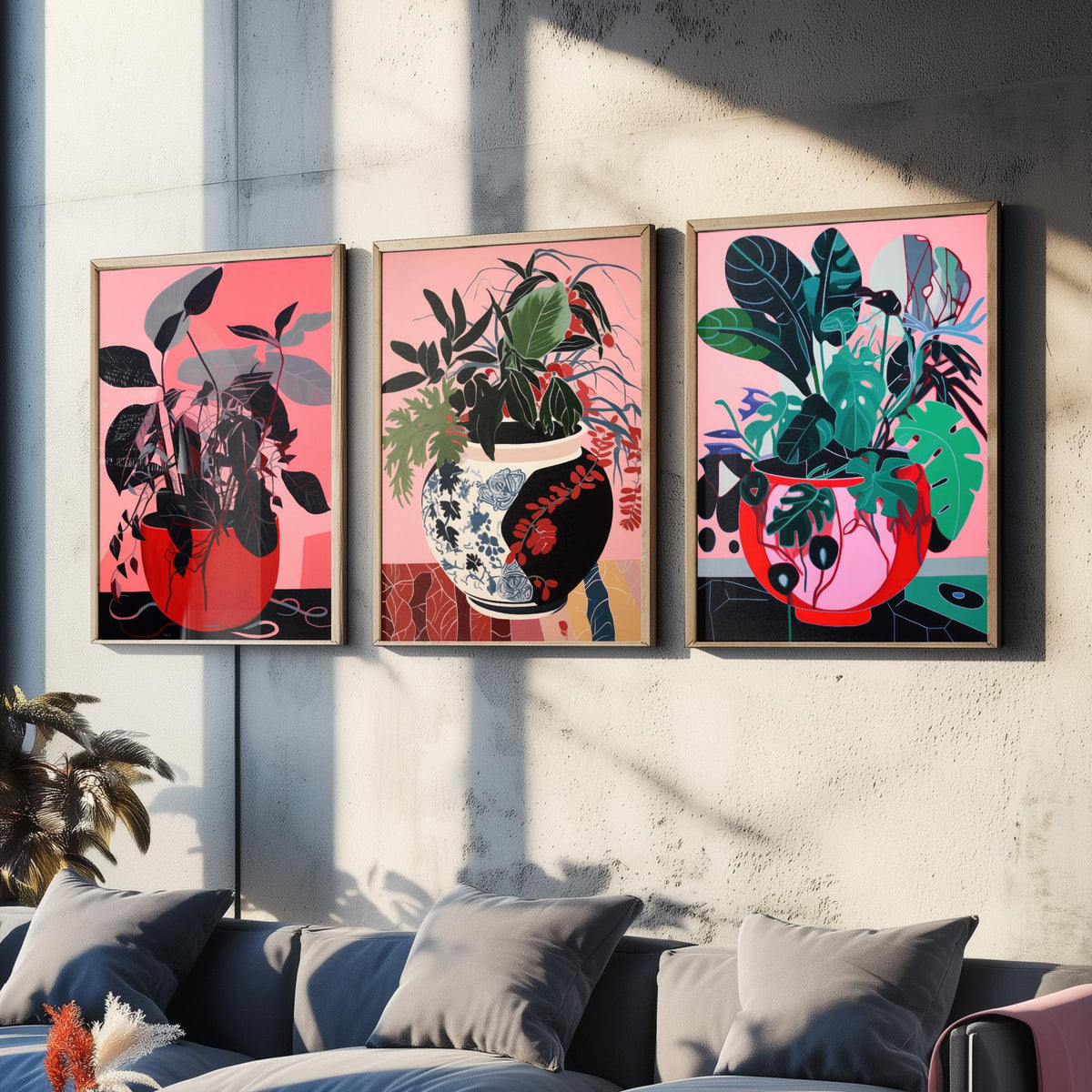 Potted Plants on Pink Set of Three Art Prints - Dark Leaves in Red Pots - Bold Botanical Poster Illustration