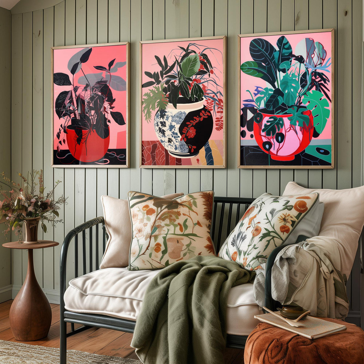 Potted Plants on Pink Set of Three Art Prints - Dark Leaves in Red Pots - Bold Botanical Poster Illustration