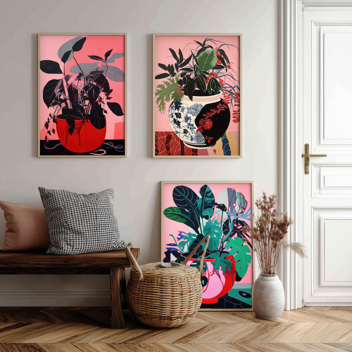Potted Plants on Pink Set of Three Art Prints - Dark Leaves in Red Pots - Bold Botanical Poster Illustration