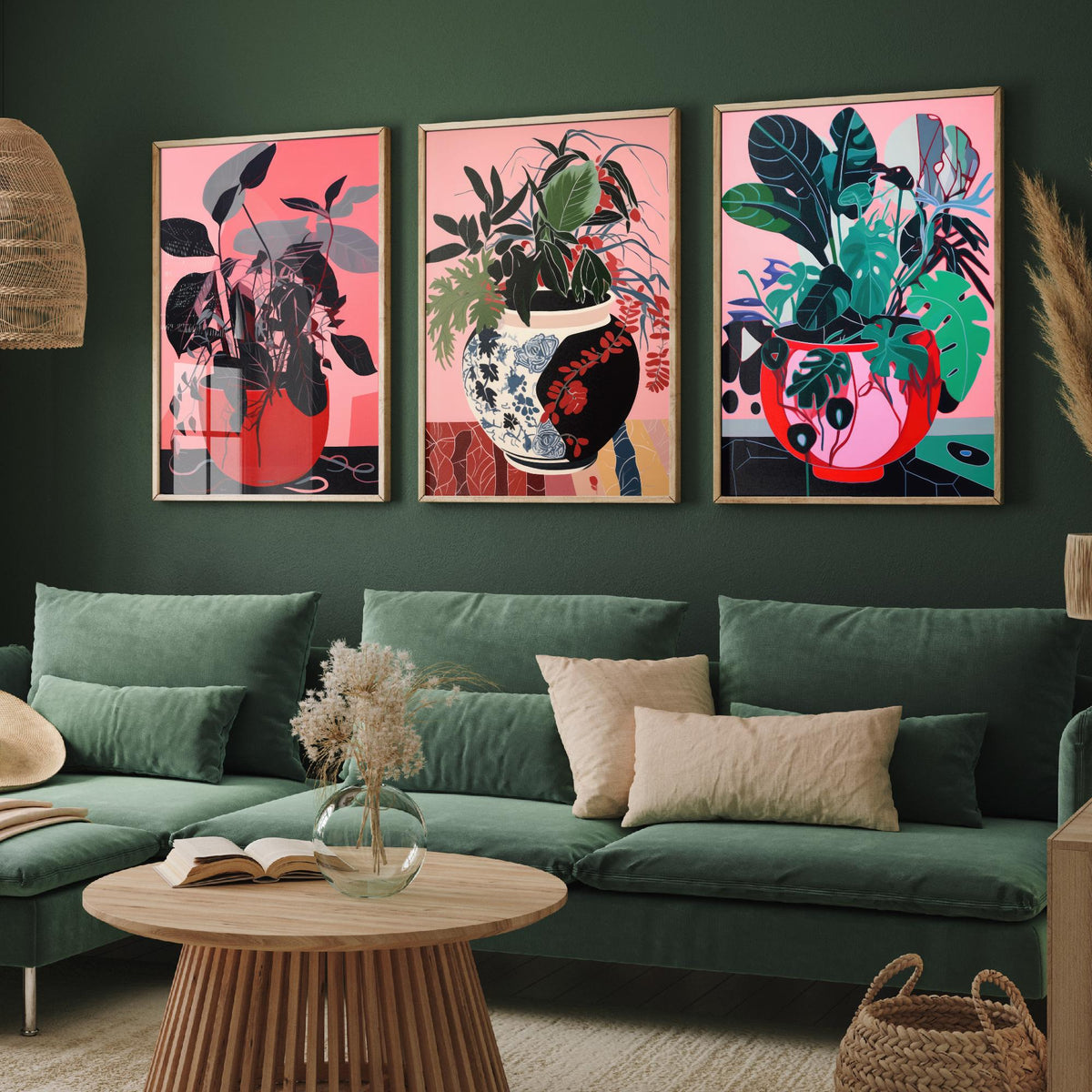 Potted Plants on Pink Set of Three Art Prints - Dark Leaves in Red Pots - Bold Botanical Poster Illustration