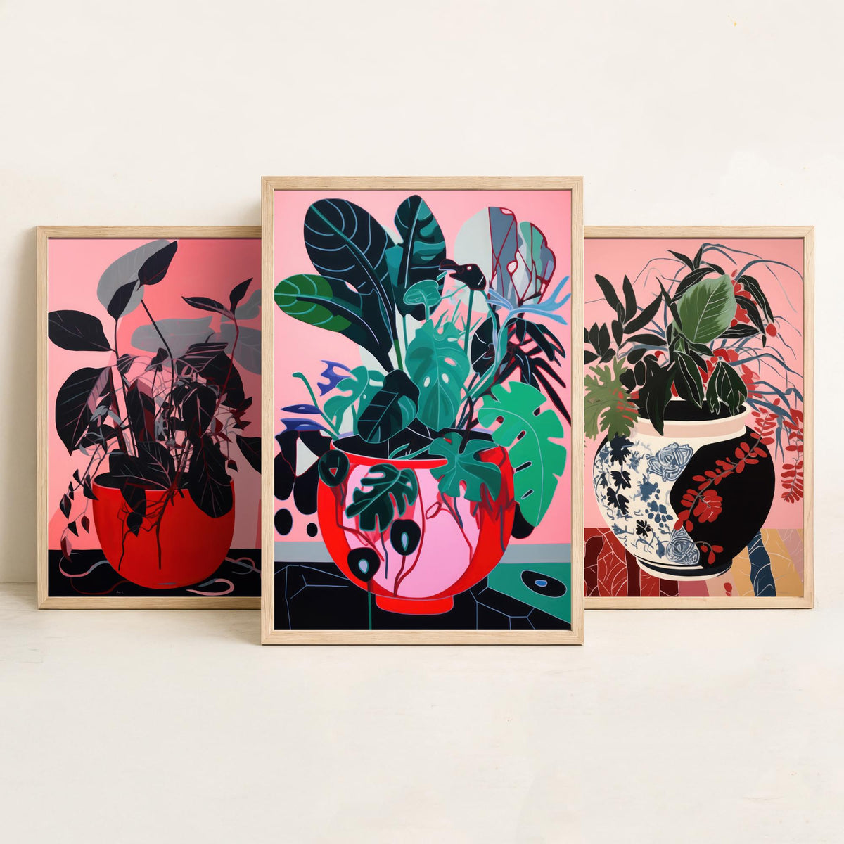 Potted Plants on Pink Set of Three Art Prints - Dark Leaves in Red Pots - Bold Botanical Poster Illustration
