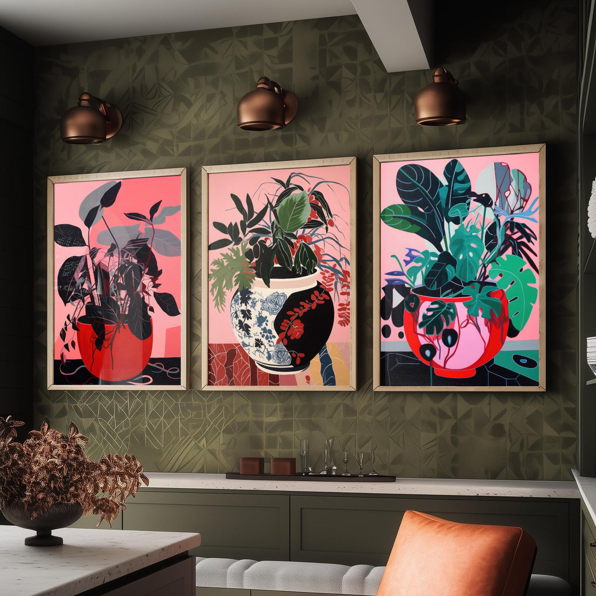 Potted Plants on Pink Set of Three Art Prints - Dark Leaves in Red Pots - Bold Botanical Poster Illustration