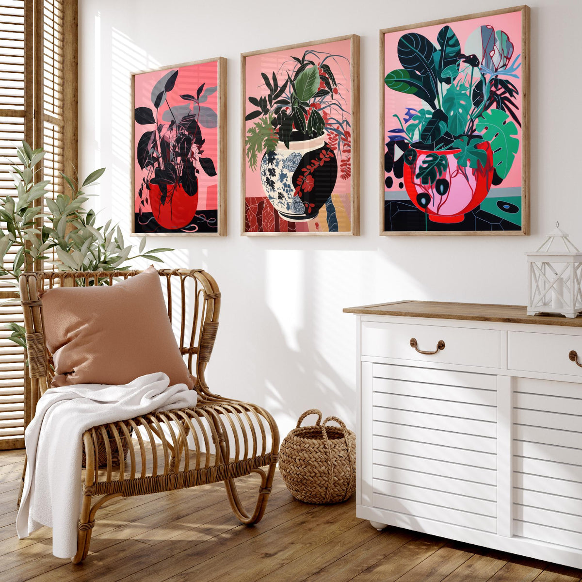Potted Plants on Pink Set of Three Art Prints - Dark Leaves in Red Pots - Bold Botanical Poster Illustration