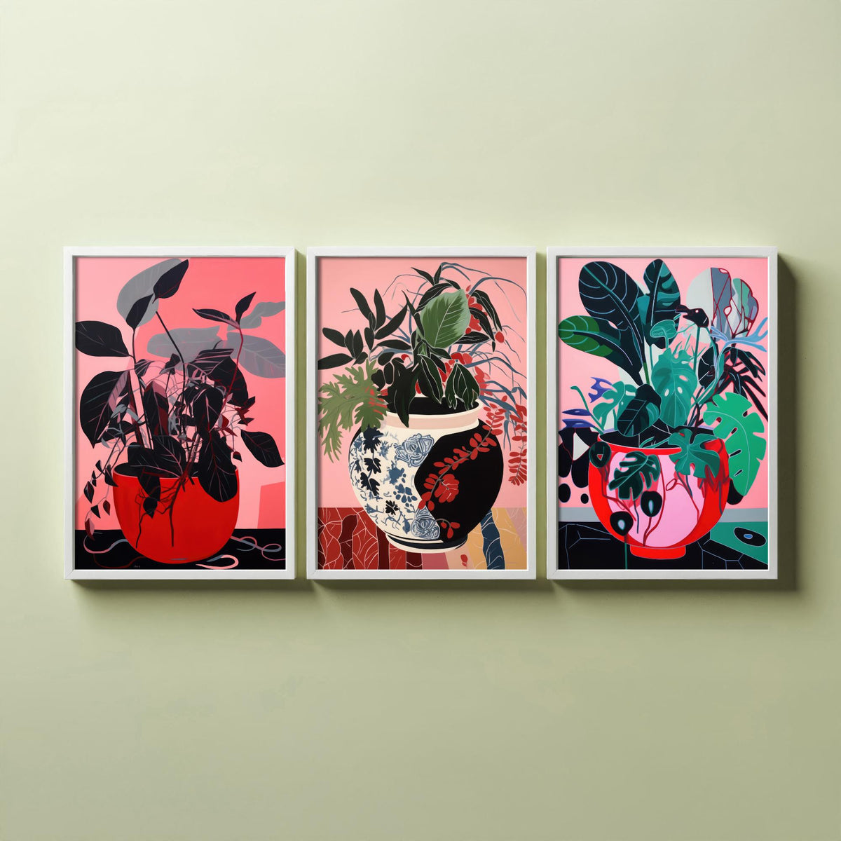 Potted Plants on Pink Set of Three Art Prints - Dark Leaves in Red Pots - Bold Botanical Poster Illustration