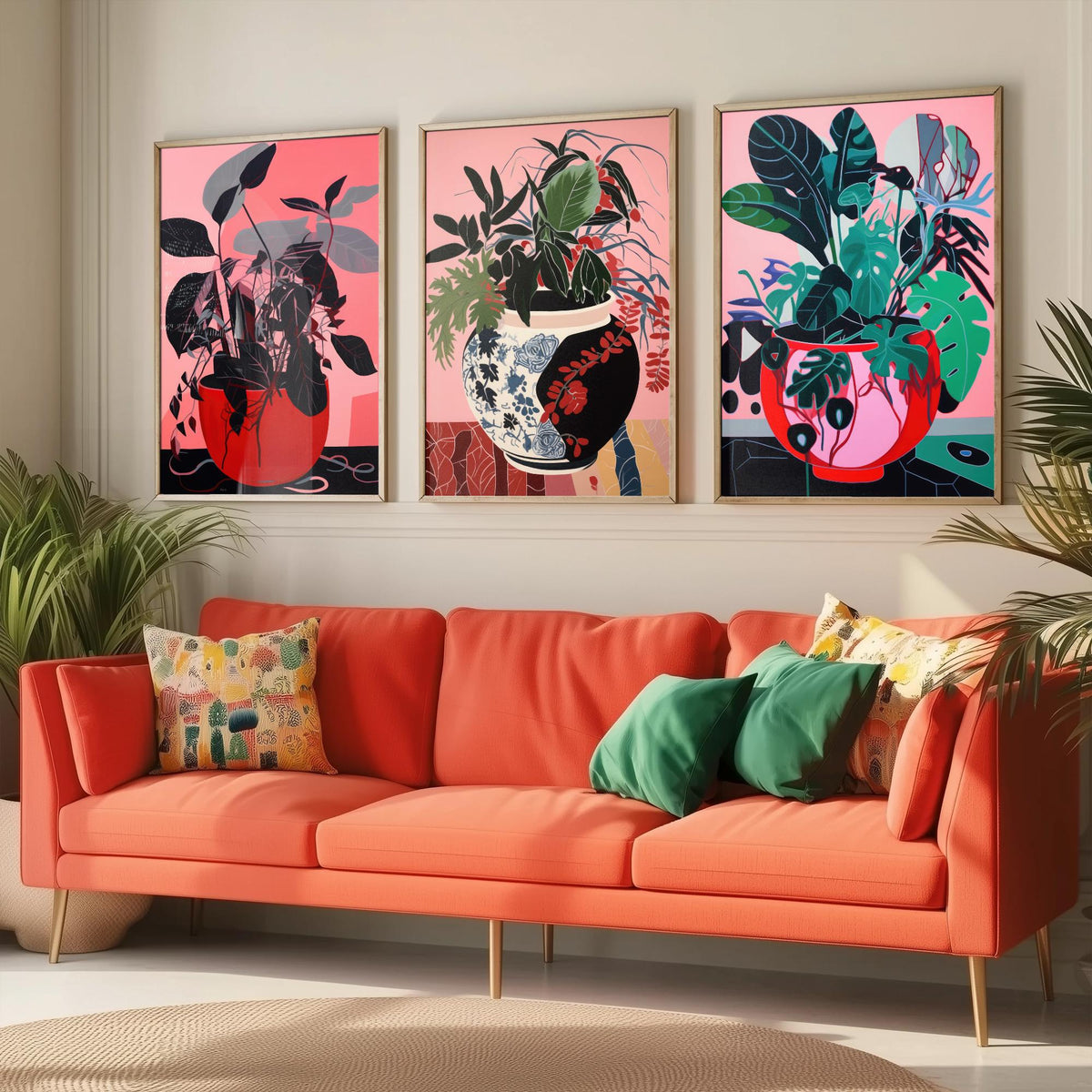 Potted Plants on Pink Set of Three Art Prints - Dark Leaves in Red Pots - Bold Botanical Poster Illustration