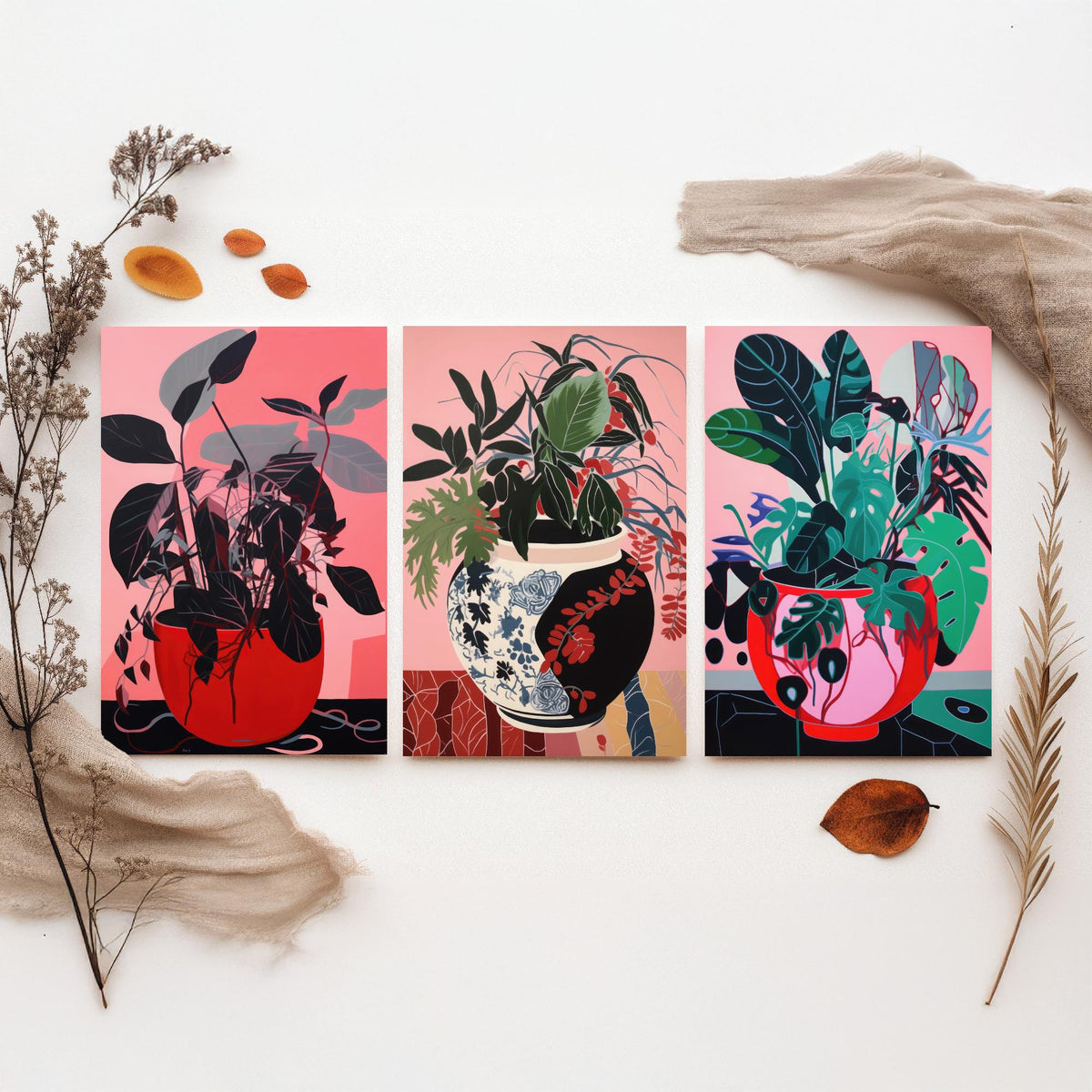 Potted Plants on Pink Set of Three Art Prints - Dark Leaves in Red Pots - Bold Botanical Poster Illustration