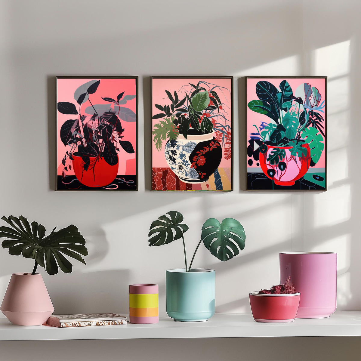 Potted Plants on Pink Set of Three Art Prints - Dark Leaves in Red Pots - Bold Botanical Poster Illustration