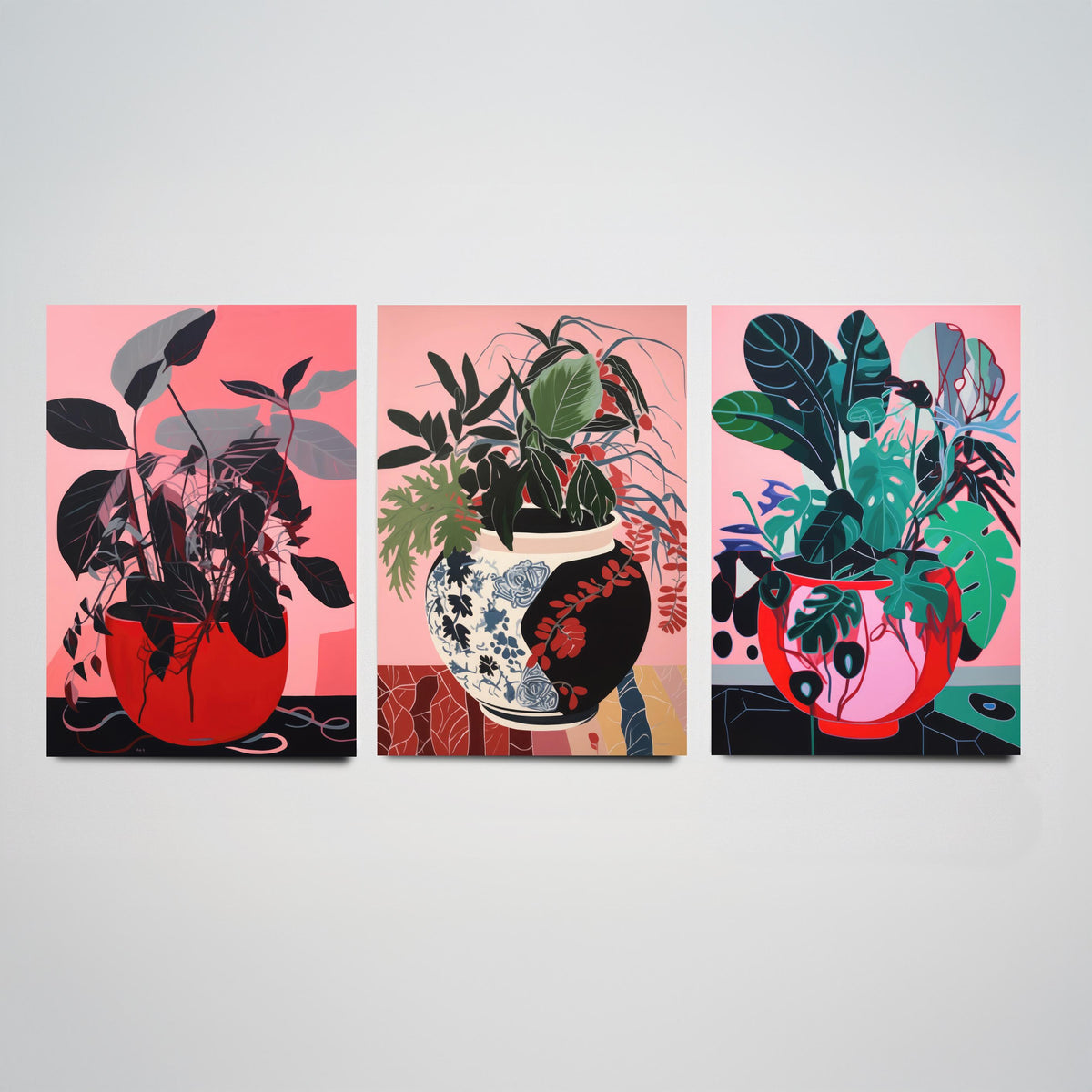 Potted Plants on Pink Set of Three Art Prints - Dark Leaves in Red Pots - Bold Botanical Poster Illustration