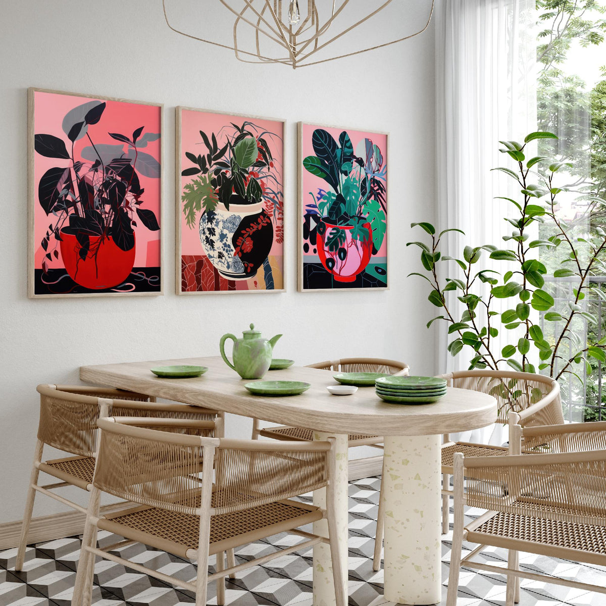 Potted Plants on Pink Set of Three Art Prints - Dark Leaves in Red Pots - Bold Botanical Poster Illustration