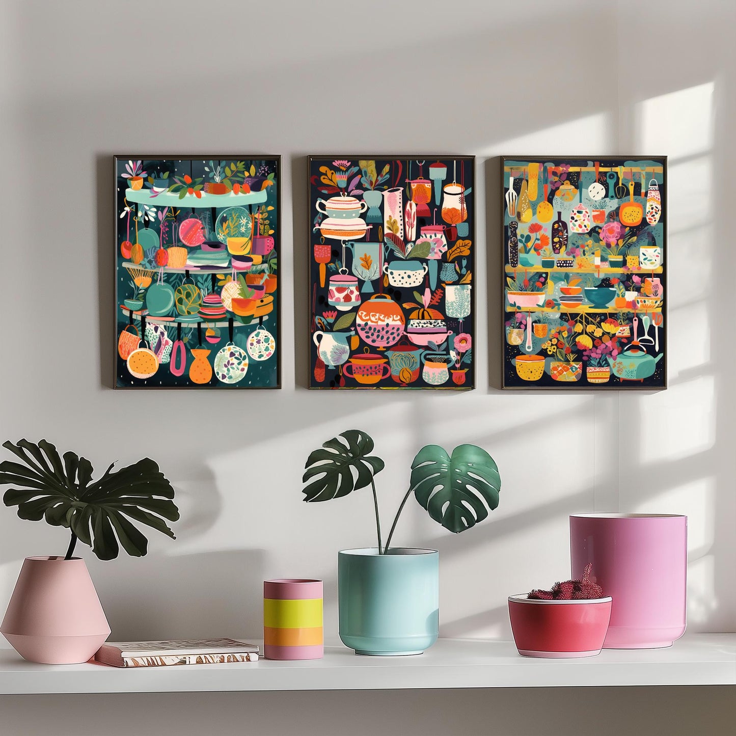 Purple Pots and Pans Set of Three Art Prints - 3 Kitchen Cookware Utensil Posters - Wall Art Illustration Cooking Gift Decor