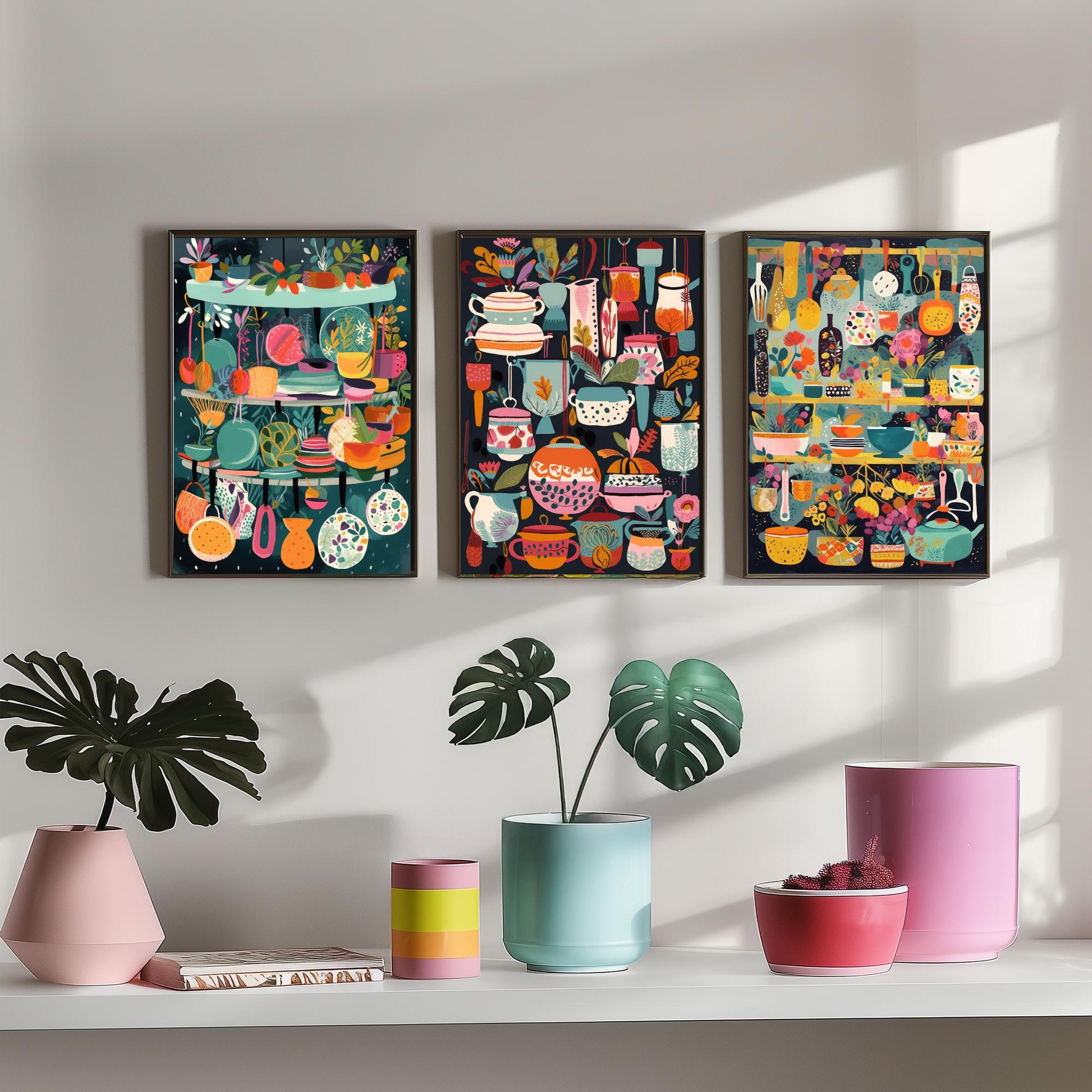 Purple Pots and Pans Set of Three Art Prints - 3 Kitchen Cookware Utensil Posters - Wall Art Illustration Cooking Gift Decor