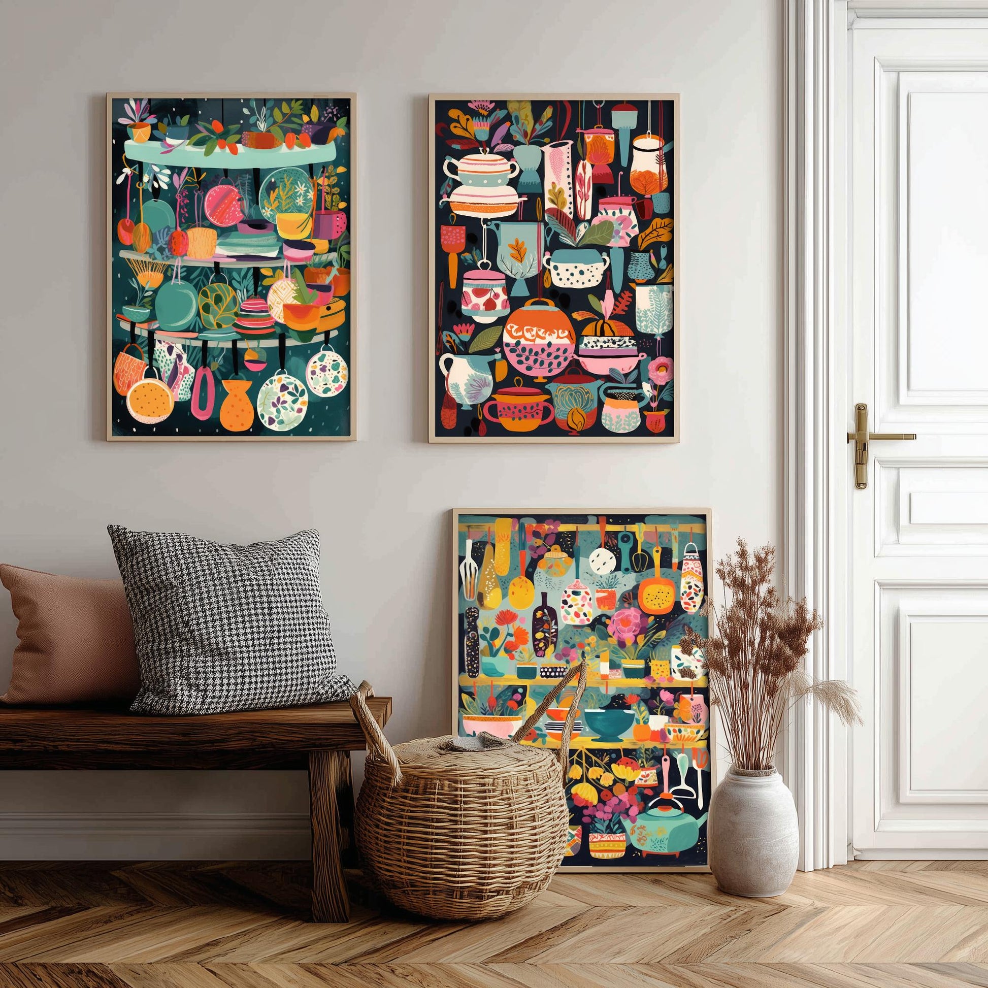 Purple Pots and Pans Set of Three Art Prints - 3 Kitchen Cookware Utensil Posters - Wall Art Illustration Cooking Gift Decor