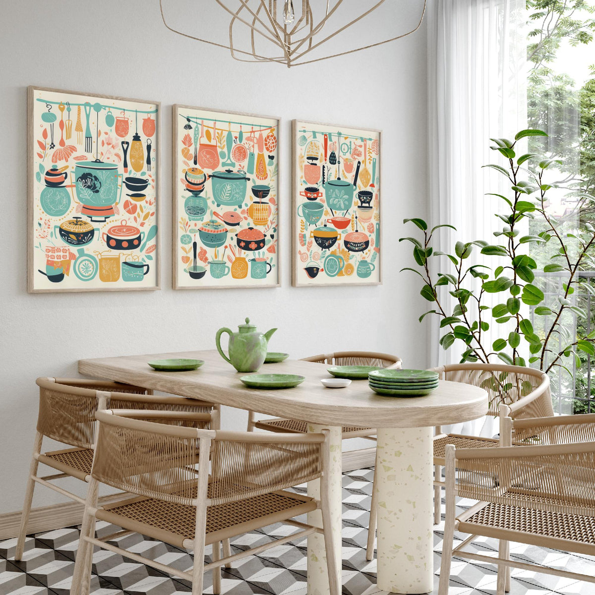 Pots and Pans Set of Three Art Prints - Folk Kitchen Utensils Pattern - Retro Mint and Coral Poster Illustration