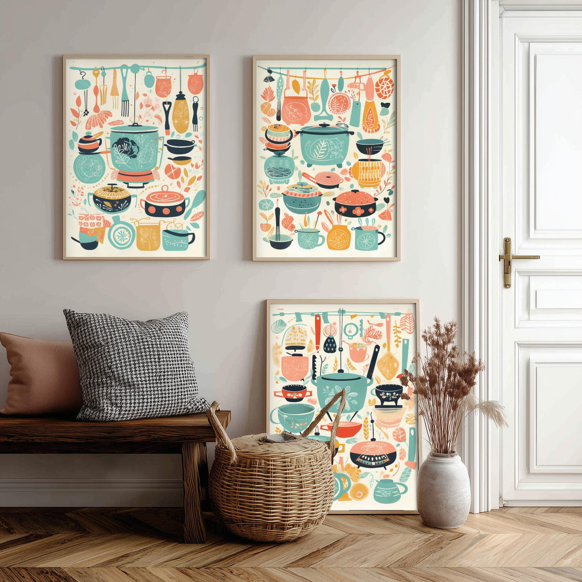 Pots and Pans Set of Three Art Prints - Folk Kitchen Utensils Pattern - Retro Mint and Coral Poster Illustration