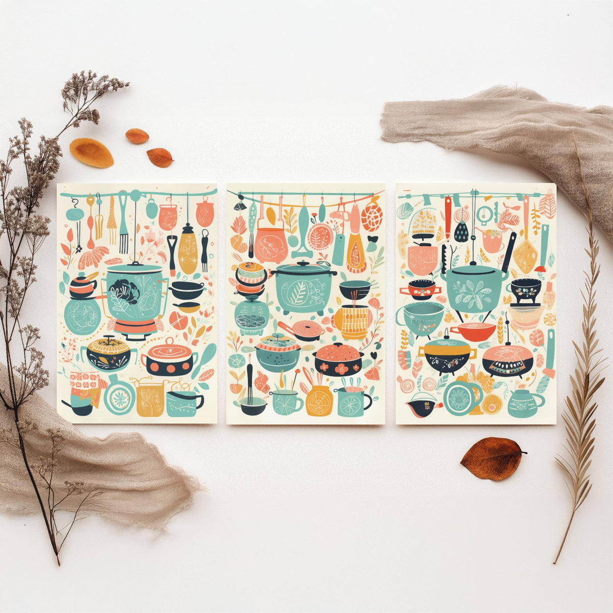 Pots and Pans Set of Three Art Prints - Folk Kitchen Utensils Pattern - Retro Mint and Coral Poster Illustration