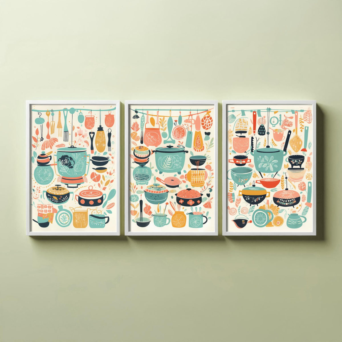 Pots and Pans Set of Three Art Prints - Folk Kitchen Utensils Pattern - Retro Mint and Coral Poster Illustration