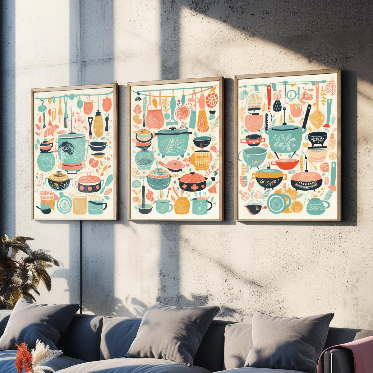 Pots and Pans Set of Three Art Prints - Folk Kitchen Utensils Pattern - Retro Mint and Coral Poster Illustration