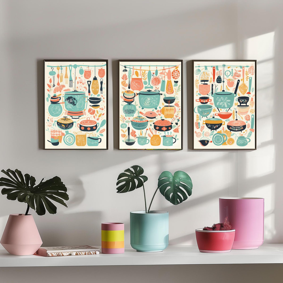 Pots and Pans Set of Three Art Prints - Folk Kitchen Utensils Pattern - Retro Mint and Coral Poster Illustration