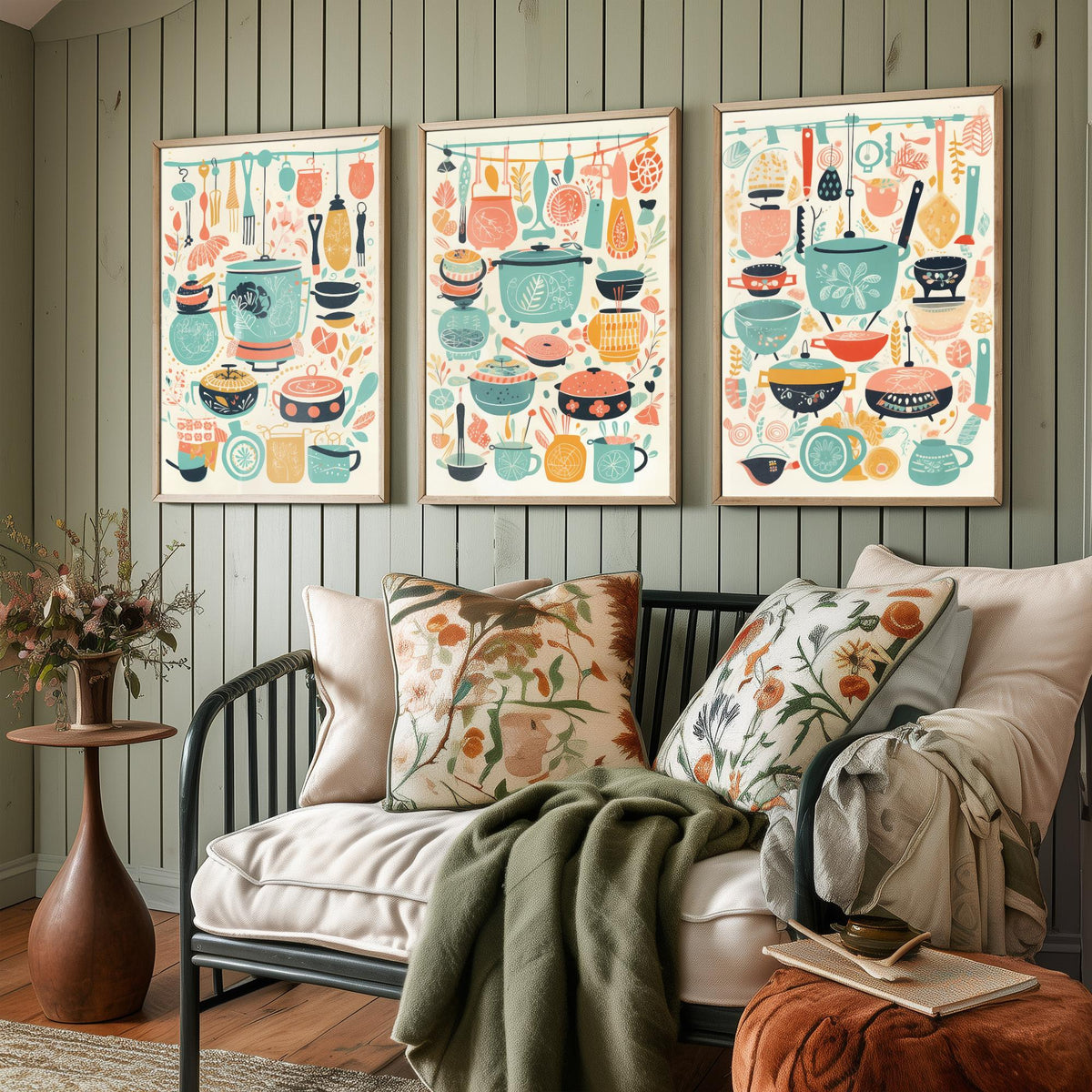 Pots and Pans Set of Three Art Prints - Folk Kitchen Utensils Pattern - Retro Mint and Coral Poster Illustration