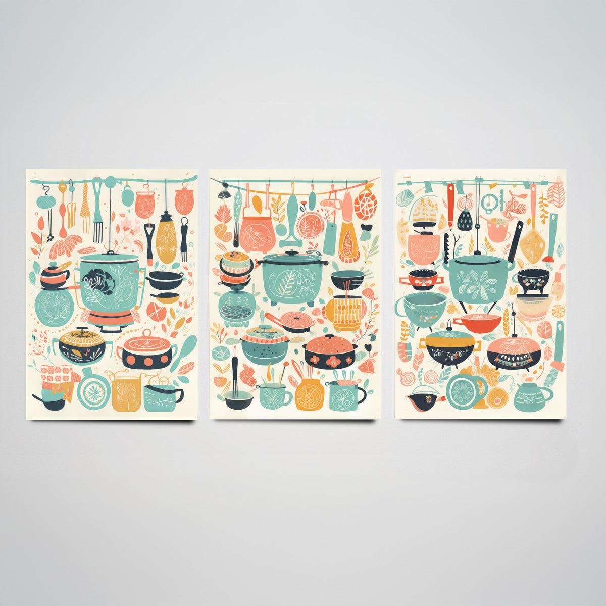 Pots and Pans Set of Three Art Prints - Folk Kitchen Utensils Pattern - Retro Mint and Coral Poster Illustration