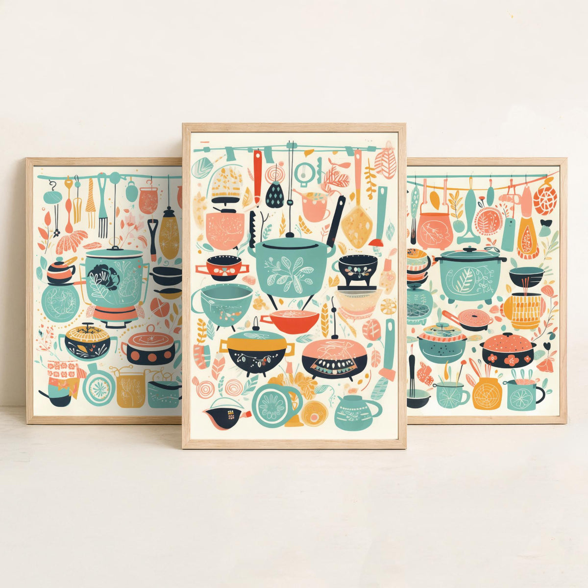 Pots and Pans Set of Three Art Prints - Folk Kitchen Utensils Pattern - Retro Mint and Coral Poster Illustration