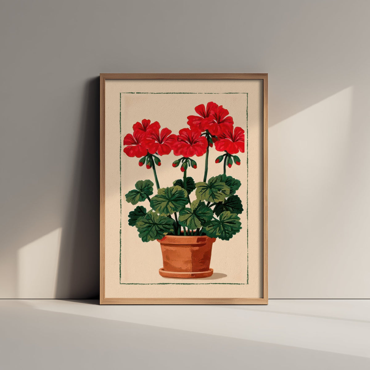 Red Geranium Art Print - Terracotta Pot Cottage Poster - Folk Linocut Style Flower Illustration V1 1/3