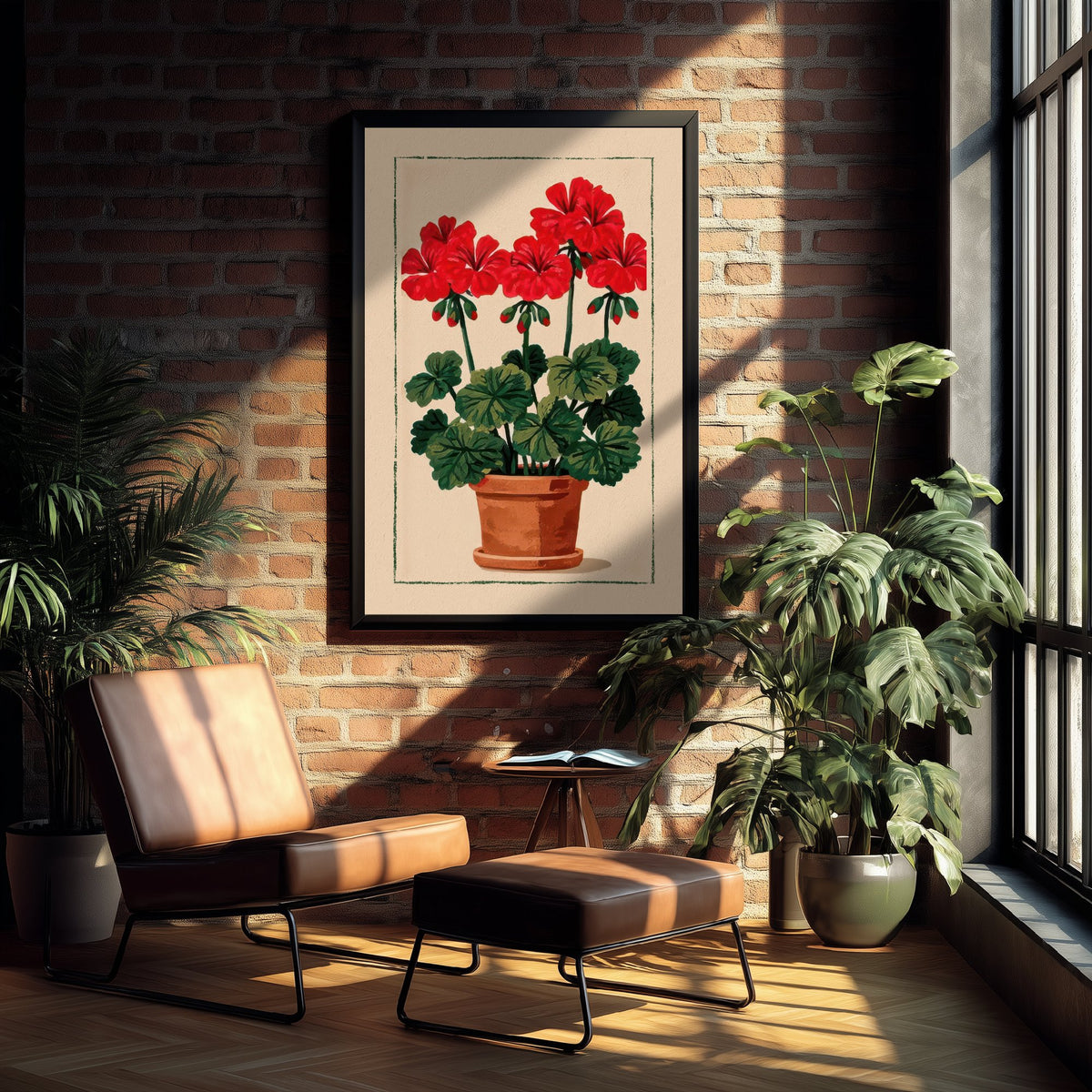 Red Geranium Art Print - Terracotta Pot Cottage Poster - Folk Linocut Style Flower Illustration V1 1/3