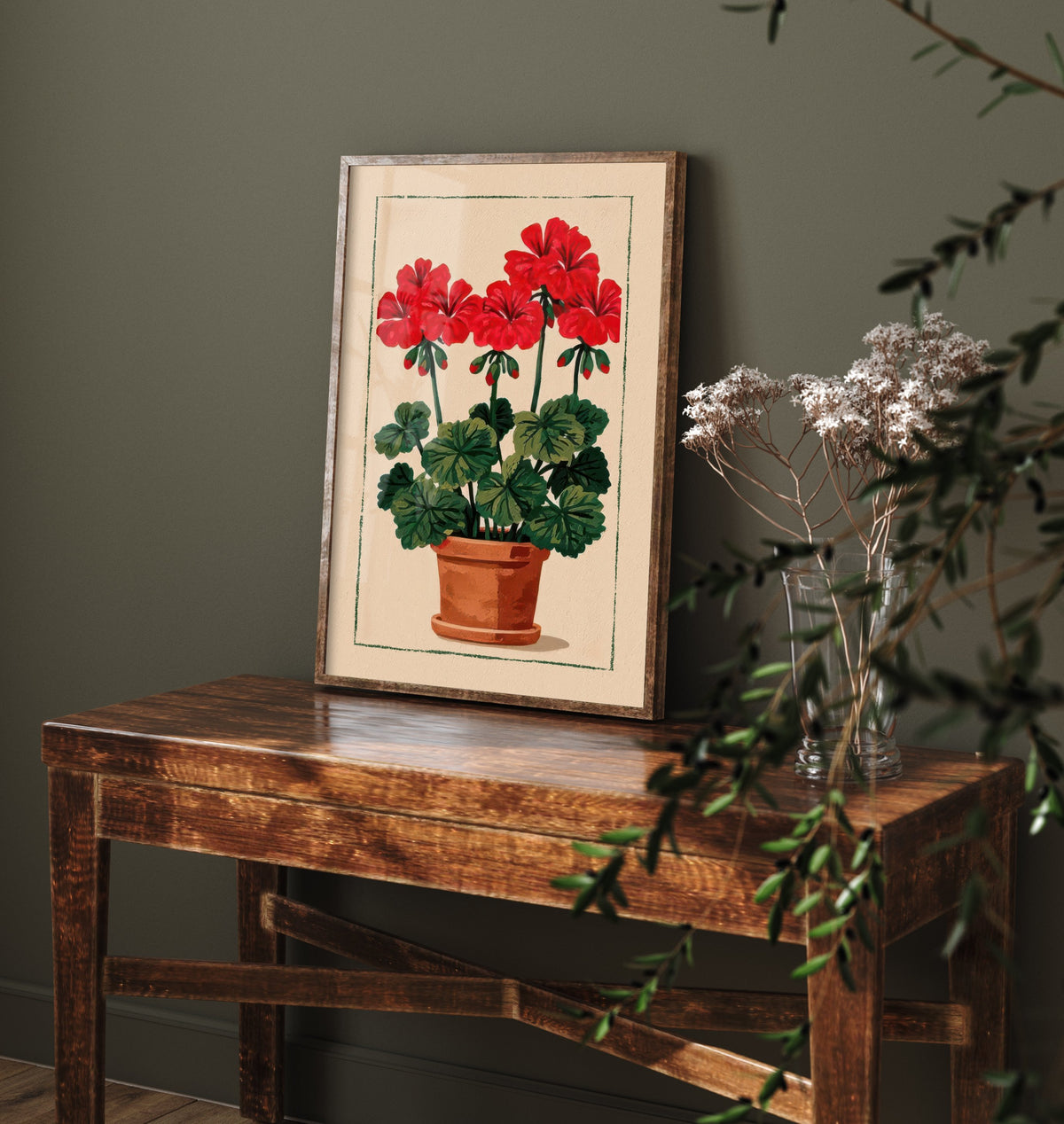 Red Geranium Art Print - Terracotta Pot Cottage Poster - Folk Linocut Style Flower Illustration V1 1/3