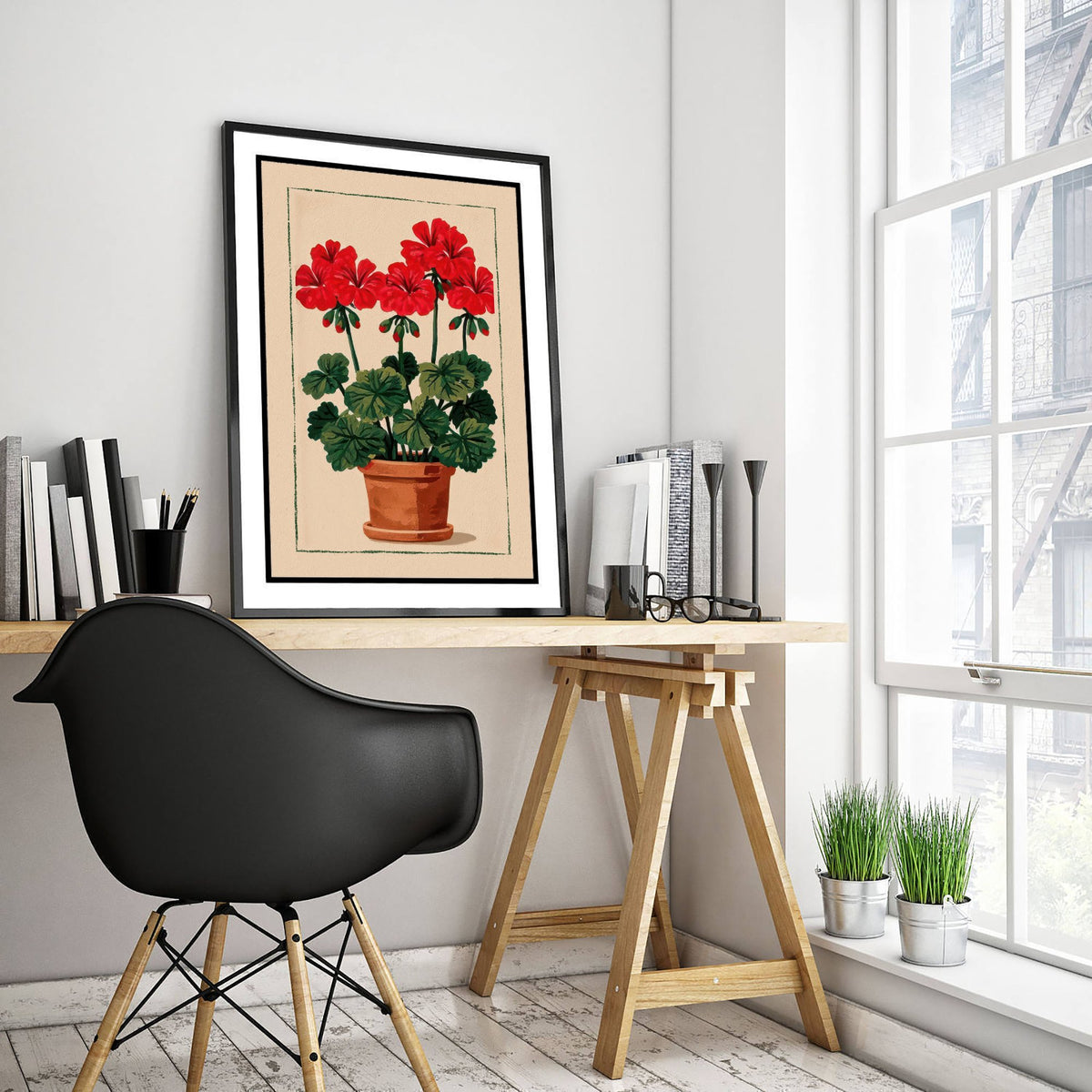 Red Geranium Art Print - Terracotta Pot Cottage Poster - Folk Linocut Style Flower Illustration V1 1/3