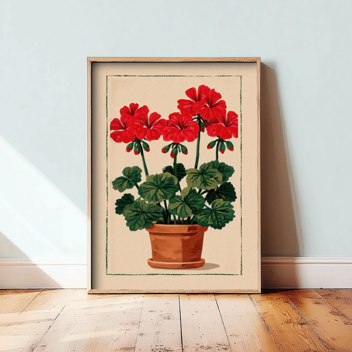 Red Geranium Art Print - Terracotta Pot Cottage Poster - Folk Linocut Style Flower Illustration V1 1/3