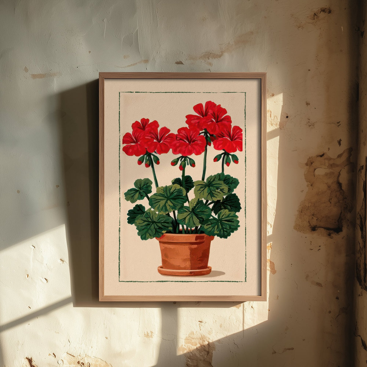Red Geranium Art Print - Terracotta Pot Cottage Poster - Folk Linocut Style Flower Illustration V1 1/3