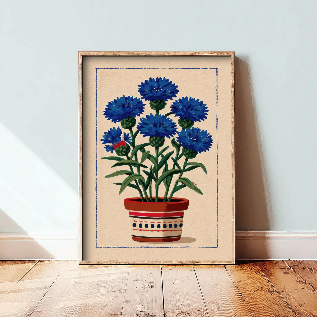 Cornflower Art Print - Blue Wildflower Pot Poster - Folk Style Botanical Illustration V1 2/3