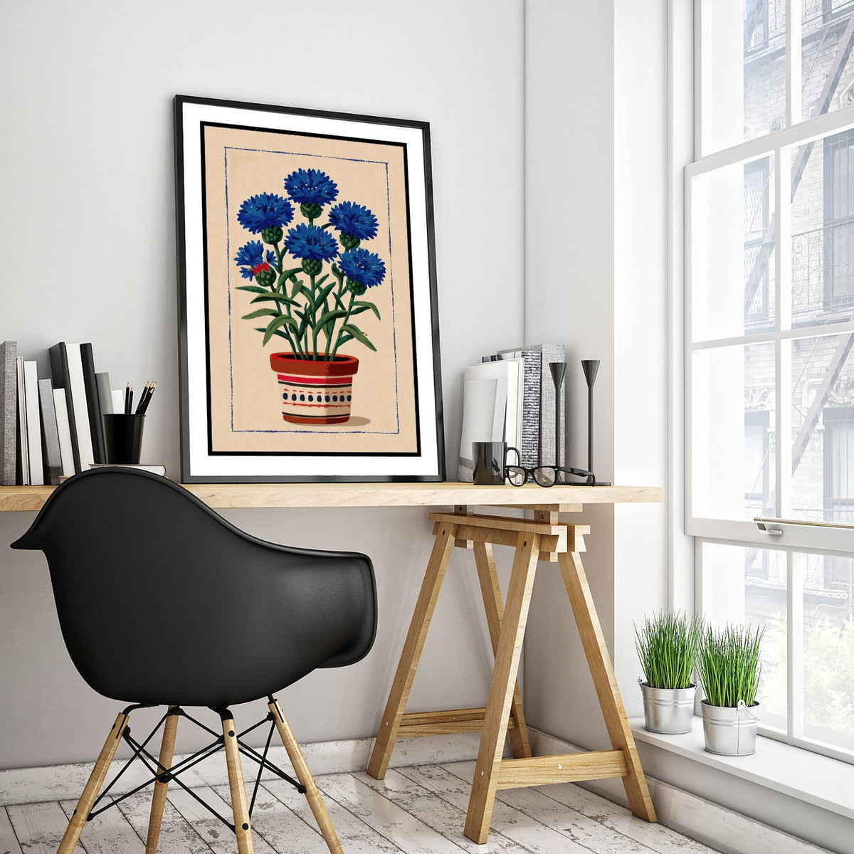 Cornflower Art Print - Blue Wildflower Pot Poster - Folk Style Botanical Illustration V1 2/3