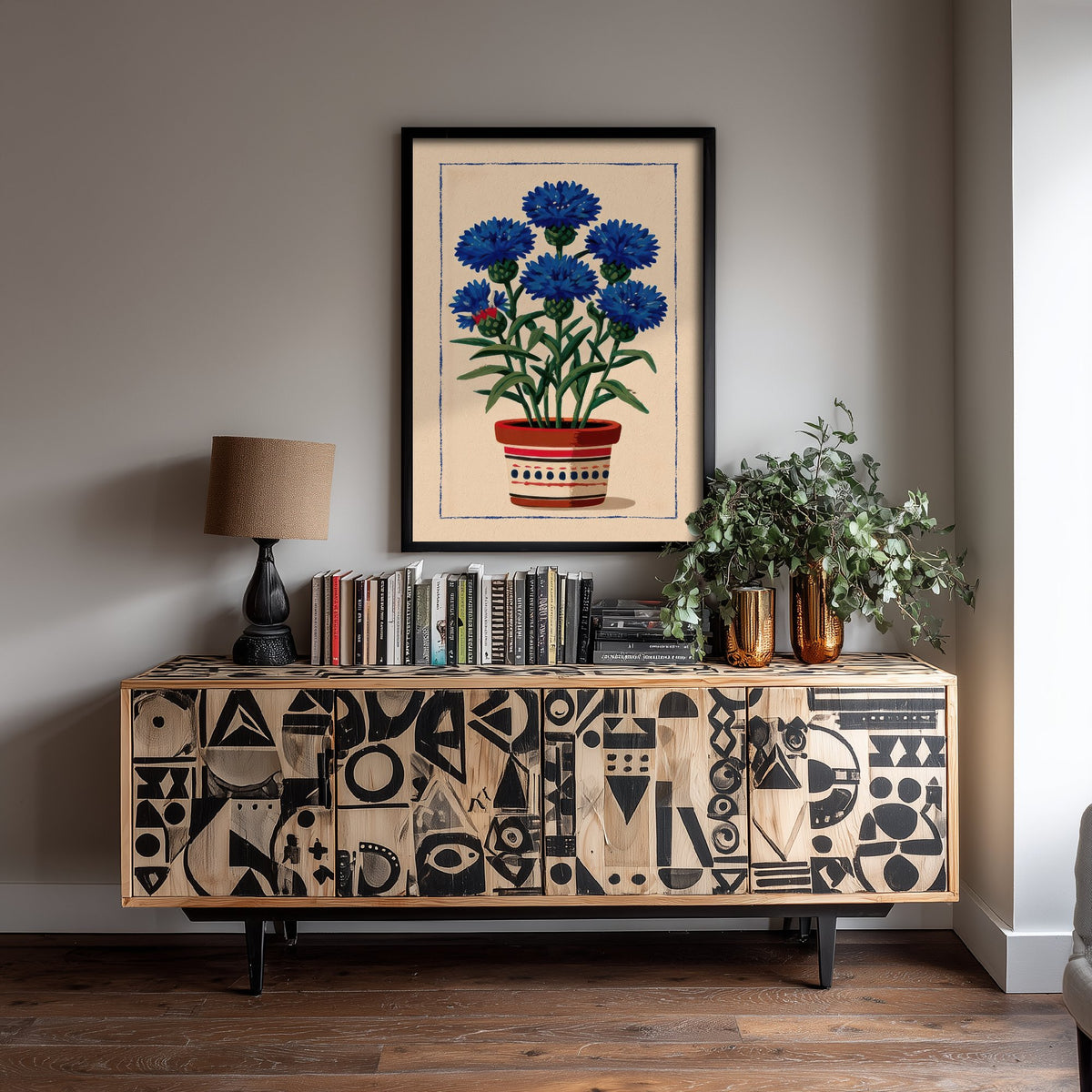 Cornflower Art Print - Blue Wildflower Pot Poster - Folk Style Botanical Illustration V1 2/3