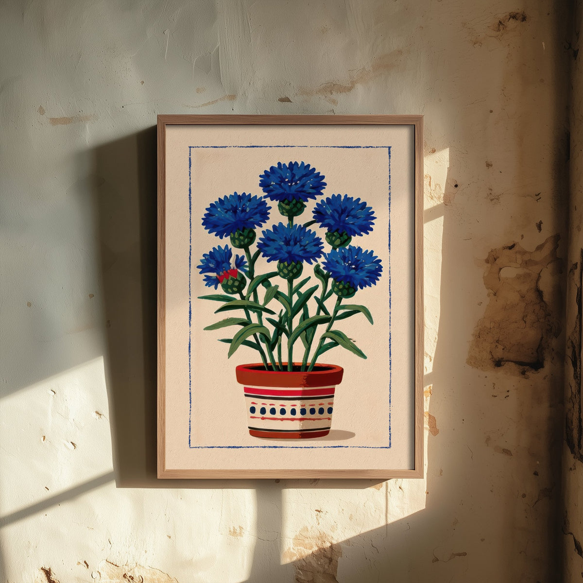 Cornflower Art Print - Blue Wildflower Pot Poster - Folk Style Botanical Illustration V1 2/3