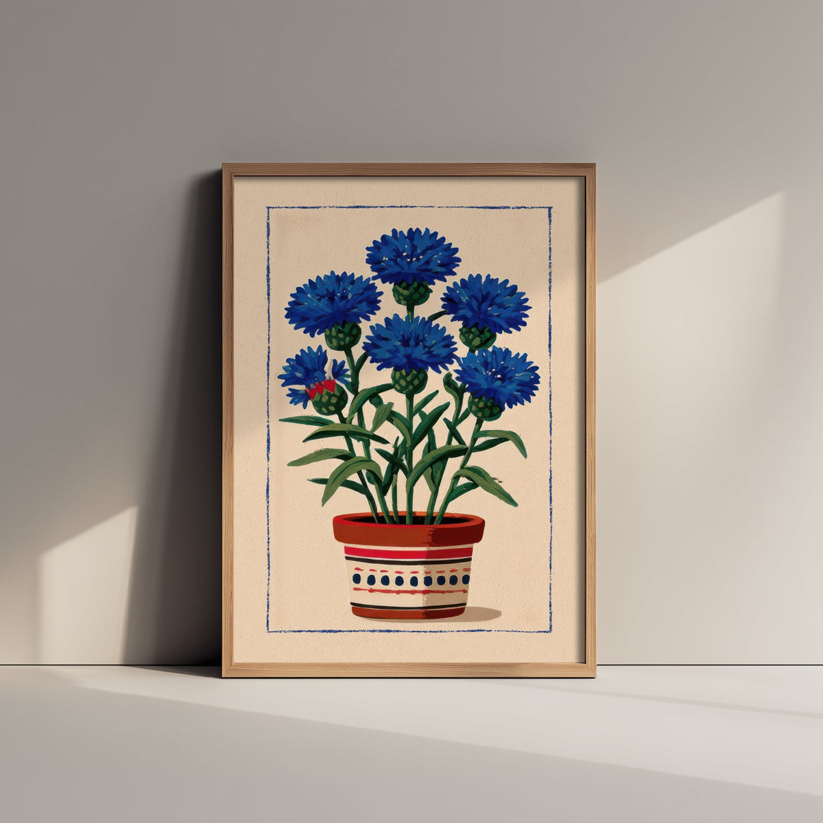 Cornflower Art Print - Blue Wildflower Pot Poster - Folk Style Botanical Illustration V1 2/3