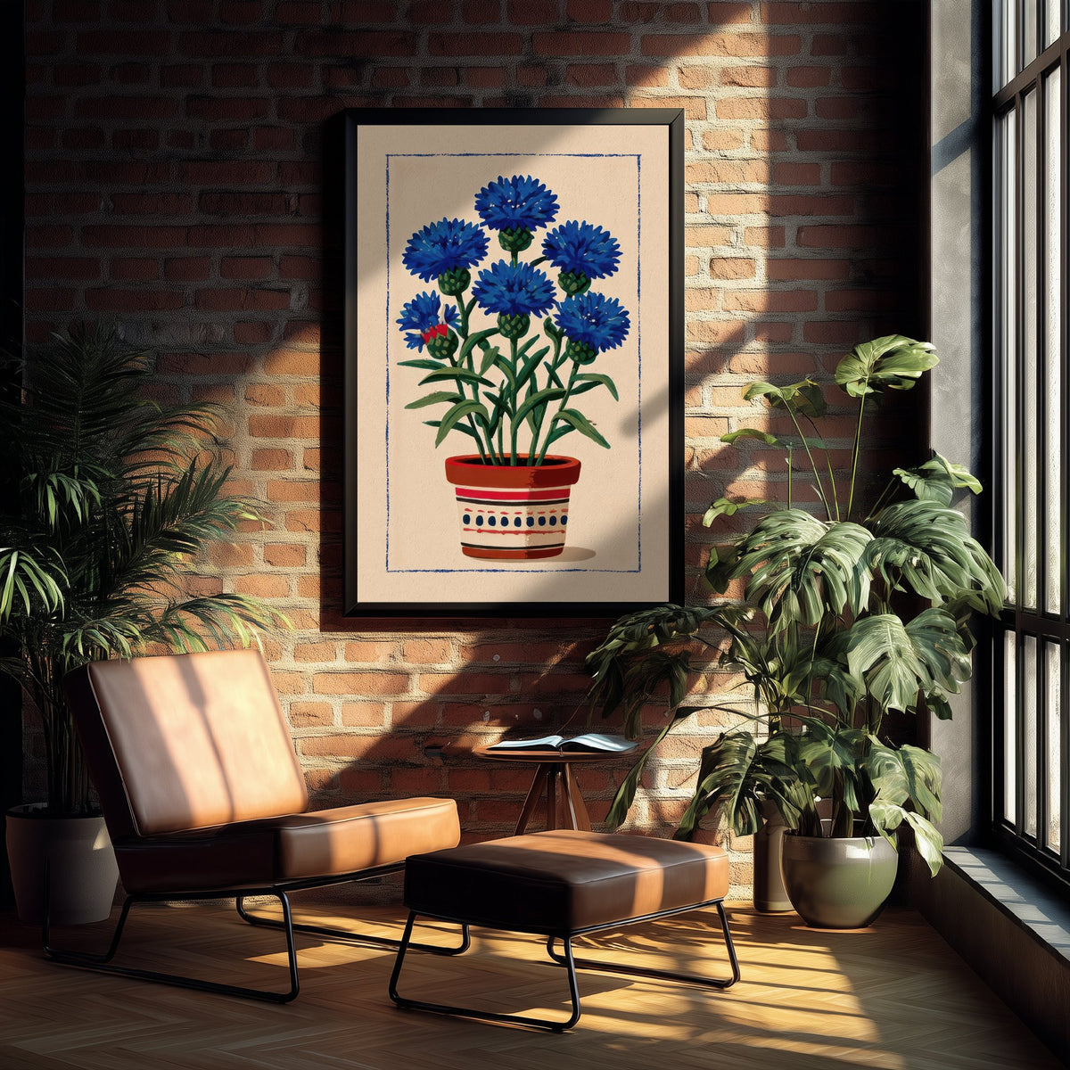 Cornflower Art Print - Blue Wildflower Pot Poster - Folk Style Botanical Illustration V1 2/3
