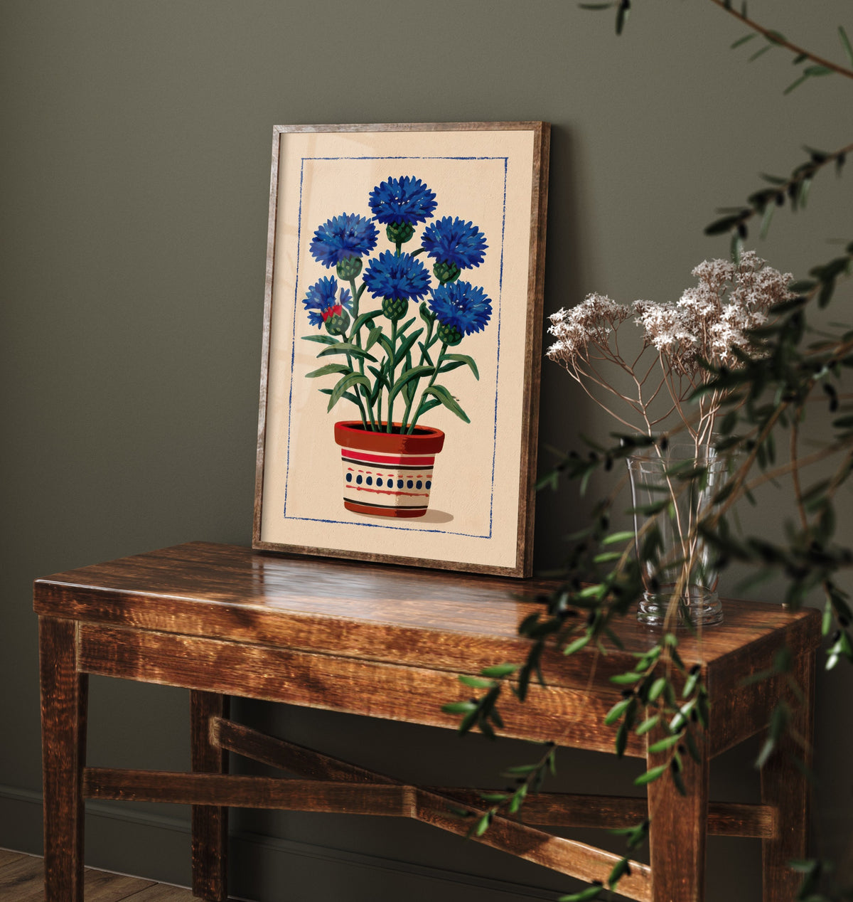 Cornflower Art Print - Blue Wildflower Pot Poster - Folk Style Botanical Illustration V1 2/3