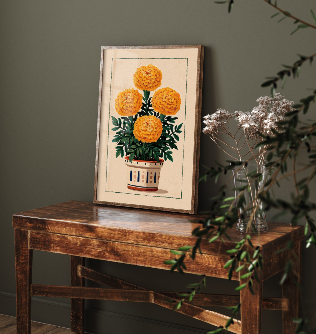 Marigold Art Print - Golden Pompom Flower Poster - Patterned Pot Folk Illustration V1 3/3