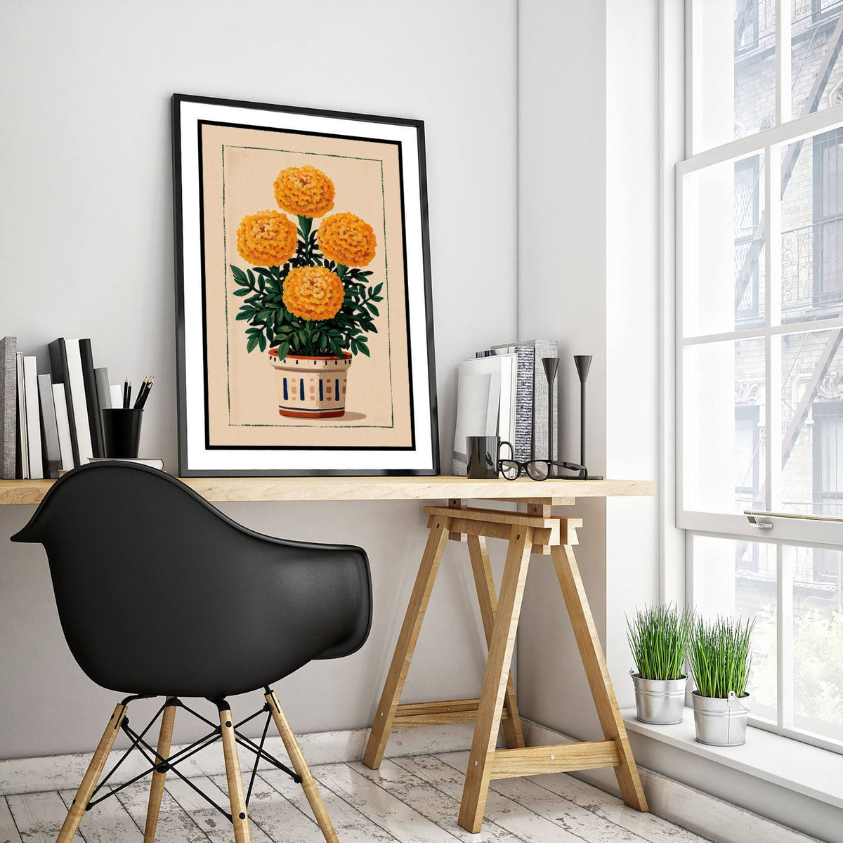 Marigold Art Print - Golden Pompom Flower Poster - Patterned Pot Folk Illustration V1 3/3