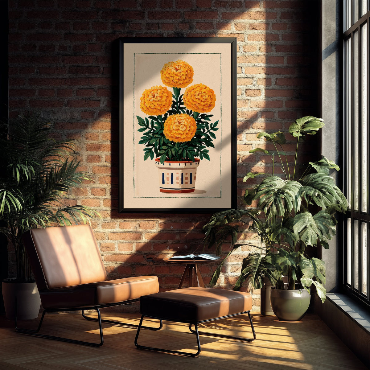 Marigold Art Print - Golden Pompom Flower Poster - Patterned Pot Folk Illustration V1 3/3