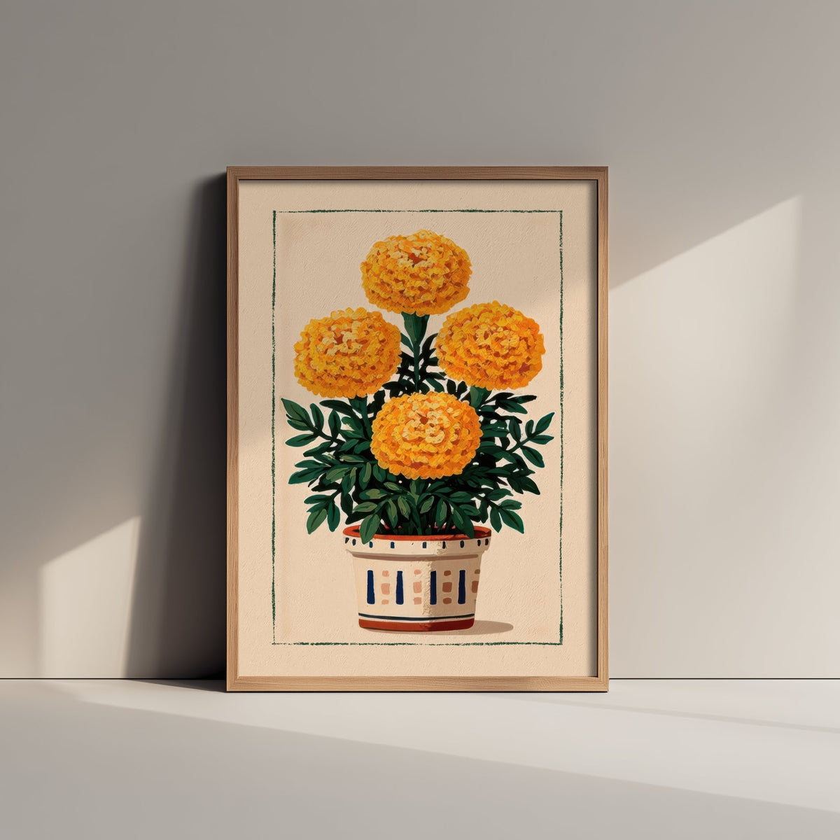 Marigold Art Print - Golden Pompom Flower Poster - Patterned Pot Folk Illustration V1 3/3
