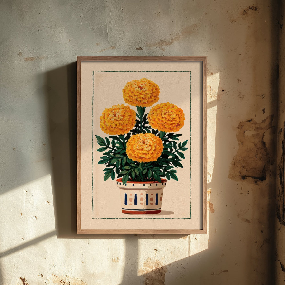 Marigold Art Print - Golden Pompom Flower Poster - Patterned Pot Folk Illustration V1 3/3